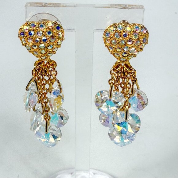 Kirks Folly Gold Tone Rhinestone Heart Dangle Pierced Earrings - Picture 2 of 5